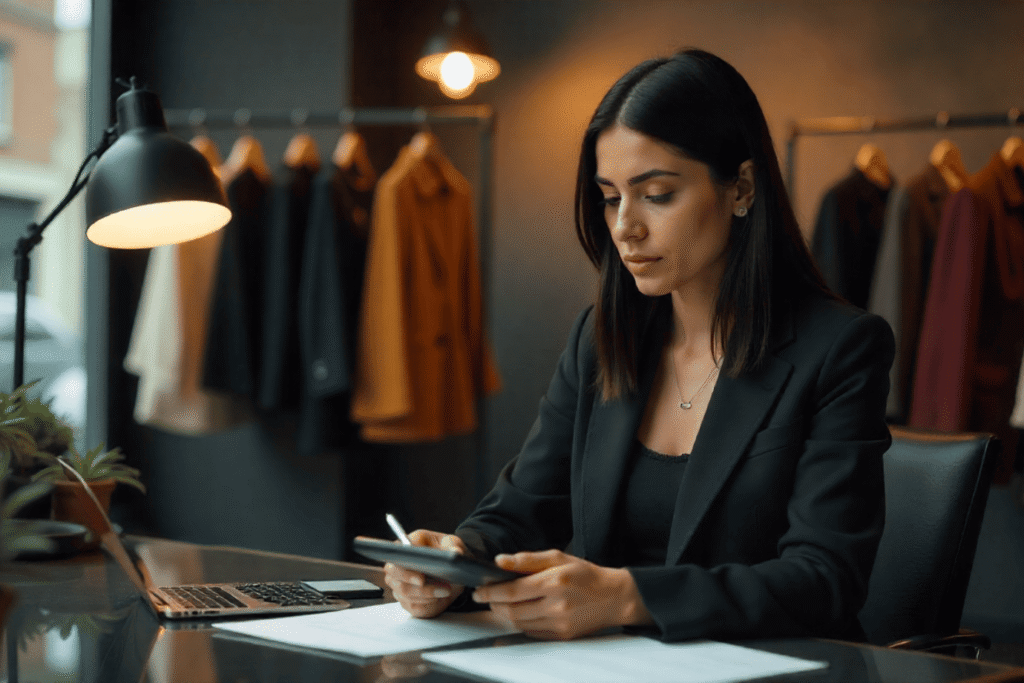 Empreendedora calculando preço de produto com planilha de custos, taxas e margem